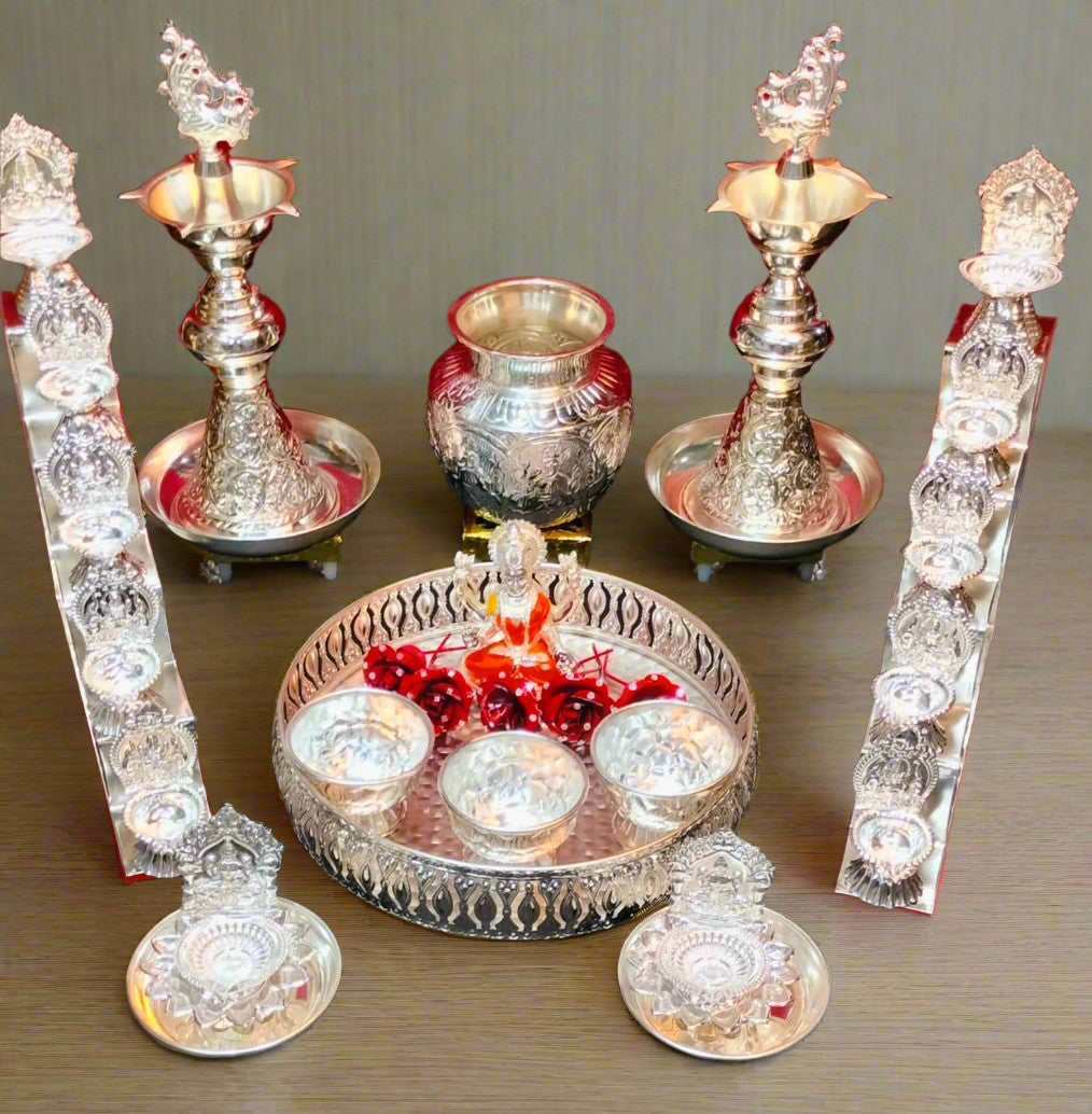 german silver full pooja thali set of 34 pieces for varalakshmi pooja/ housewarming/ diwali